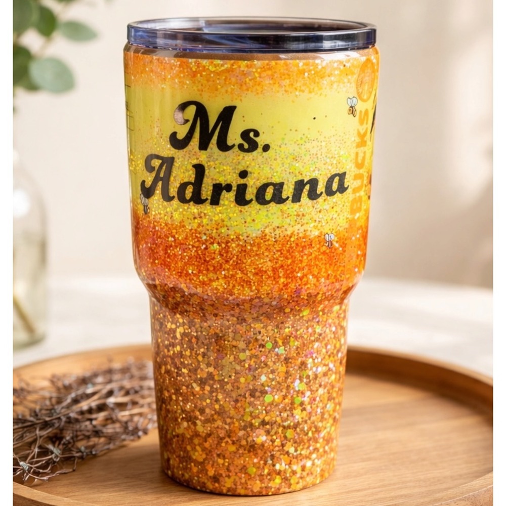 Rare Custom Winnie the Pooh Starbucks Inspired Glitter Tumbler Orange Ms Adriana - Picture 4 of 9
